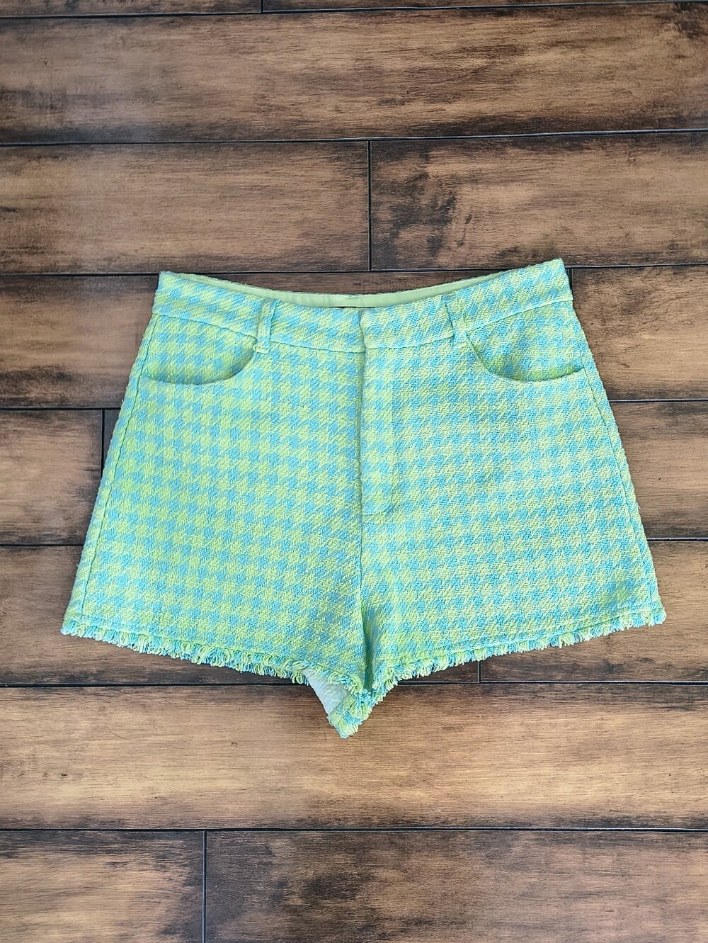 Women's Tweed Houndstooth Shorts - Light Blue & Yellow